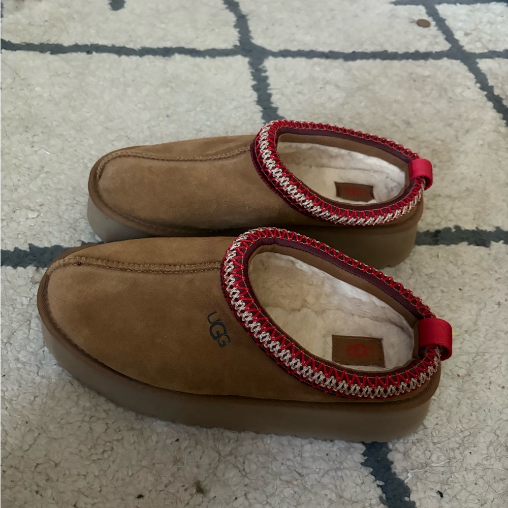 UGG Tan Slippers with Red Stitching